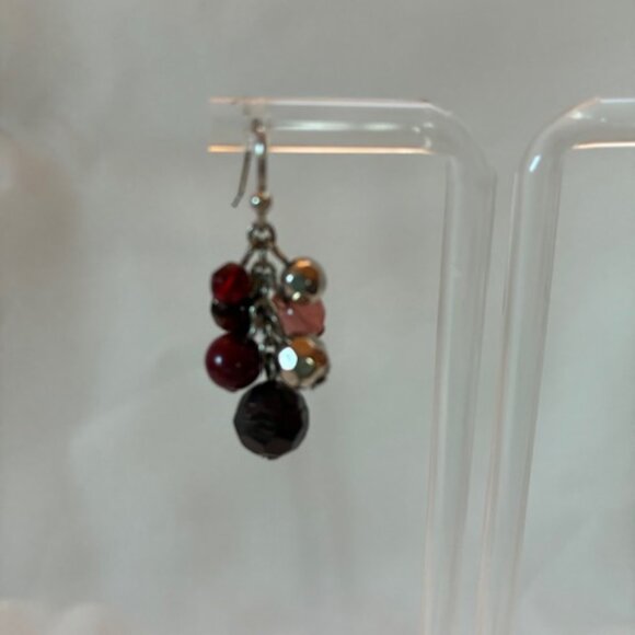 Earrings - silver tone with clusters of brown and burgundy beads - Picture 3 of 4